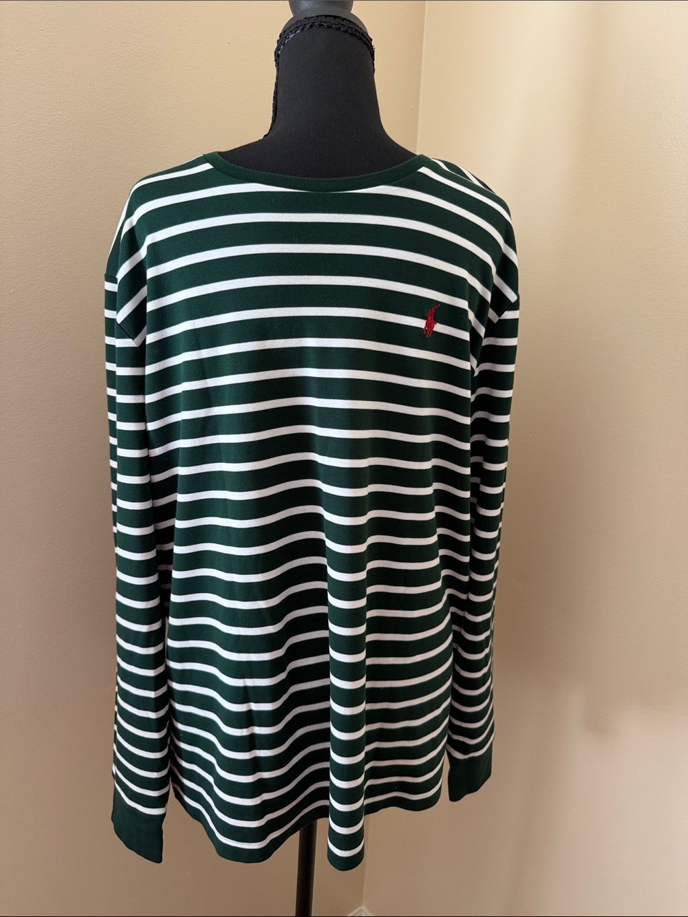 Ralph Lauren/Polo Green/White Striped Long-Sleeve Crewneck w/Red Pony. Size L
